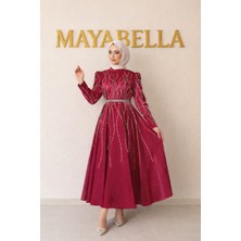 MayaBella Saten Kolları ve Önü Işlemeli Tesettür Abiye