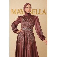 MayaBella Saten Yaprak Desenli Tesettür Abiye