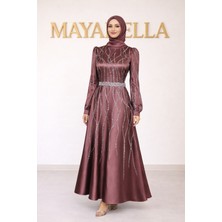 MayaBella Saten Kolları ve Önü Işlemeli Tesettür Abiye