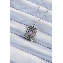 Ayder Timya 316L Çelik Zincir Eskitme Gümüş Renk Pembe Mineli Kalp Figürlü Tarot Kolye (Timya/1395) 191035