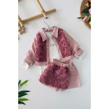 Miniğimin Cicileri Dokulu Gül Detaylı Kız Çocuk 3 lü takım - Gül Kurusu