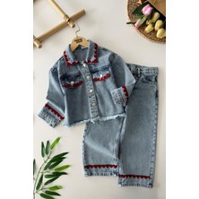 Miniğimin Cicileri Örgü Detaylı Kız Çocuk Kot Takım - Açık Mavi