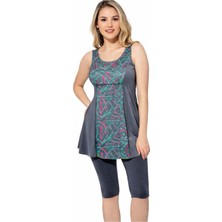 3e Yaşam Kadın Desenli Parçalı Taytlı Elbise Mayo Gri-Antrasit Büyük Beden