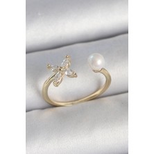 Ayder Timya Pirinç Gold Renk Zirkon Taşlı Çiçek Model İnci Detay Ayarlanabilir Kadın Yüzük (Timya/1395) 192443