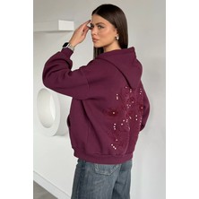 Gülseli Kadın Ön Fermuarlı Kapüşonlu Nakış ve Taş Detaylı Şardonlu Sweatshirt P-00020102