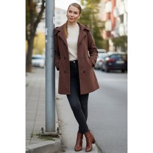 Barbora Yaka Detaylı Büyük Düğmeli Kaşe Kahverengi Kaban