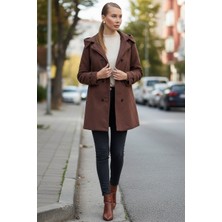 Barbora Yaka Detaylı Büyük Düğmeli Kaşe Kahverengi Kaban