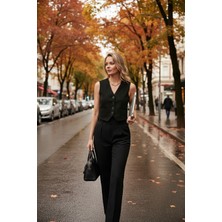 Lela Fitted V Yak Düğmeli Crop Scuba Süet Yelek Bayan Yelek 5865576