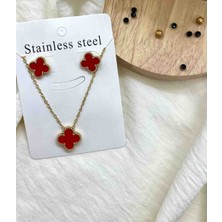 Güneş Takı 316L Çelik Gold Kırmızı Küpe Kolye Seti