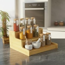 3 Katlı Doğal Bambu Baharatlık Rafı | Çok Amaçlı Mutfak ve Banyo Düzenleyici | Merdiven Tipi Tezgah Üstü Organizer | 24X22X11 cm