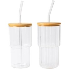 2’li Cam Kahve Bardağı Seti – Bambu Kapaklı, Cam Pipet Hediyeli, Şık Soğuk & Içecek Bardağı
