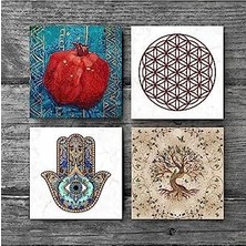Yaşam Çiçeği, Hayat Ağacı, Nar, Fatma Ana Eli  Taş Bardak Altlığı Seti - 4 Parça - Dekoratif, Rustik Mutfak Aksesuarı, 10X10 Cm, Kaydırmaz Tabanlı, Şık ve Dayanıklı SC152