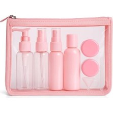 9 Parça Bej Seyahat Seti – Doldurulabilir Boş Şişe ve Krem Kutusu Seti | Şeffaf Çantalı, Uçak Kabin Onaylı (Pembe)