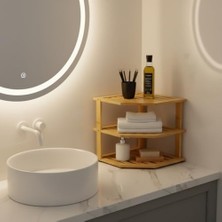 3 Katlı Doğal Bambu Köşe Rafı - Tezgah Üstü Mutfak ve Banyo Düzenleyici | Baharatlık, Kavanoz ve Dekoratif Rafı (24.5X24.5X23 Cm)