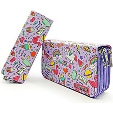 Kalem Kutusu - Kawai Organizer Kalemkutu Vegan Deri Üç Bölmeli Kalemlik -Mor