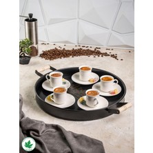 Metal 37CM Ahşap Kulplu Siyah Metal Tepsi Yuvarlak Çay Tepsisi Sunum Tepsisi Tahta Kulplu Kahve Tepsisi