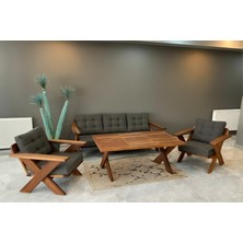 Zerka Concept Verona Masif Ahşap Bahçe Balkon Koltuk Takımı Kestane Ağacı 1 Adet Üçlü 2 Adet Tekli ve Masa Antrasit Gri