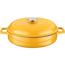 Metal Spring Serisi - Döküm Çok Amaçlı Tencere, Yuvarlak, 28 Cm, Mat, Parlak Siyah Taban, Sarı, Kubbe Kapak