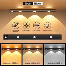 Sensörlü Şarjlı 3 Farklı Işık Renkli Dimmerli 40CM Siyah Ultra Slim Kabin LED