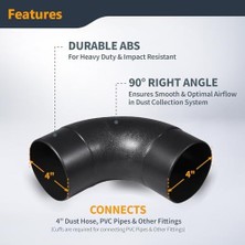 70105 Açılı Toz Hortumu Bağlantısı, 10,2 Cm, 90 Derece Açı, Siyah