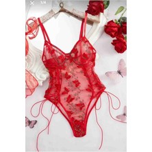 Yılbaşı Gecesi Kırmızı Kelebek Nakışlı Bodysuit