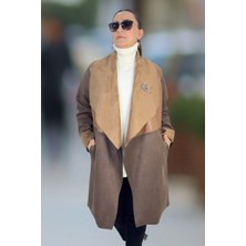 Yagmur Beren  Deri Garnili Broş Detaylı Asimetrik Yaka Süet Deri Mevsimlik Büyük Beden Ceket