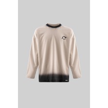 Machinist Erkek Sprey Boya Baskılı Oversize Uzun Kollu Tişört Açık Bej