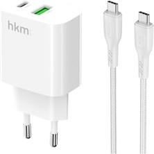Hkm Tech Bolt Duo 20W Usb-A ve Type-C Çift Portlu Hızlı Şarj Aleti, Type-C Kablo ve Adaptör Seti, Beyaz