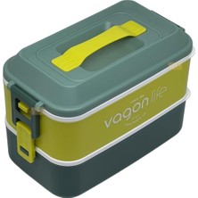 Bento 1000ML Lunchbox 2 Katlı 3 Bölmeli Paslanmaz Çelik Sefer Tası Yemek Kutusu (Koyu Yeşil-Fıstık Yeşili)