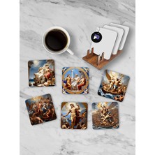 (PSTER21281) Antik Yunan Mitolojisi Standlı Ahşap Bardak Altlığı Seti, 6 Adet Baskılı Bardak Fincan Kahve Altlığı