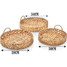 3'lü Rustik El Yapımı ve Doğal Yuvarlak Hasır Kulplu Tepsi Seti, 3'lü Hasır Yuvarlak Kulplu Tepsi Seti, 3 Boy Tepsi (38 * 6cm-34 * 6cm-30 * 24 * 6cm)