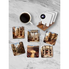 (PSTER21262) Antik Roma Standlı Ahşap Bardak Altlığı Seti, 6 Adet Baskılı Bardak Fincan Kahve Altlığı