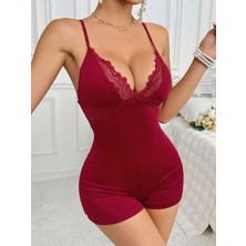 Kiss Me Kadın Bordo Dantel Detaylı Vücuda Oturan Askılı Tulum Pijama