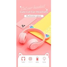 Katlanabilir Şarjlı Kulak Üstü Kablosuz 5.0 Bluetooth Kulaklık Rgb Parti Işıklı Fm Tf/mikrosd Kart Aux Girişli Kız Çocuklar (Pembe-Pembe)