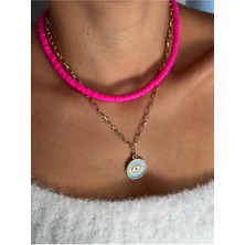 Hercy Ikili Kombin Kolye | Fuşya Fimo ve Zincir Göz Kolye | Altın Kaplama Kolye | Fimo Boncuk Kolye