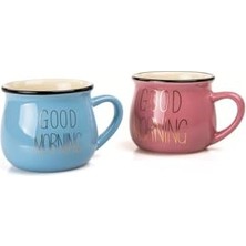 2'li Görünümlü Porselen Kupa Seti Good Morning Yazılı 150 Ml,pembe & Mavi