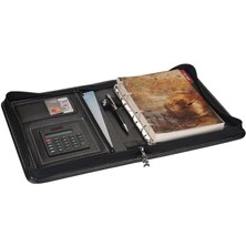 2k 2026 Ajanda Deri Fermuarlı 4 Halka Mekanizmalı Hesap Makineli Organizer, Siyah, 21X27 cm