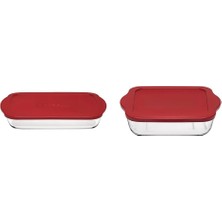 Borcam Kırmızı Plastik Kapaklı, Şeffaf Cam Fırın Kabı, 33 cm ve 59024 Borcam Fırın Tepsisi