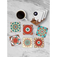 (PSTER21257) Etnik Mandala Desenli Standlı Ahşap Bardak Altlığı Seti, 6 Adet Baskılı Bardak Fincan Kahve Altlığı