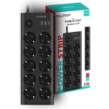 Type-C Port Girişli Akım Korumalı 10'lu Priz, 3 Usb, 1 Type-C Giriş, Dayanıklı, Grup Priz, Çoklu Uzatma Kablo (Siyah)