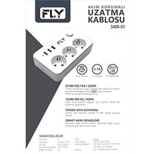Fly 3406 Termal Akım Korumalı, Çocuk Korumalı, 3 x Usb, 2mt Uzatma Kablosu 3nanlü Priz, Beyaz