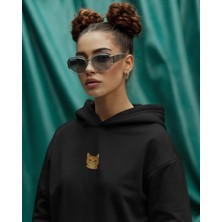 Muhtar Store Sarman (Ginger Tabby) Kedili Hoodie Unisex %100 Pamuk | Siyah Kapüşonlu Sweatshirt Göğüs Ortası Minimal Logo