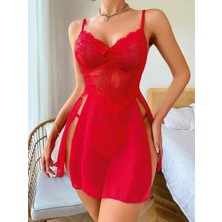 Kiss Me Kadın Kırmızı Tül Fiyonk Detaylı Yanları Yırtmaçlı Fantezi Gecelik