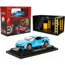Sunman 1:32 Sesli ve Işıklı Porsche 911 Turbo S Die Cast Çek Bırak Model Araba ve Tamir Atölyesi Seti - Mavi