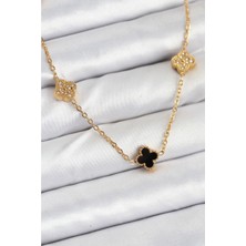 Ayder Timya 316L Çelik Zincir Gold Renk Siyah ve Zirkon Taşlı Baby Boy Yonca Kadın Kolye (Timya/1395) 194087