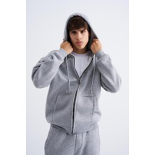 Back Street Backstreet  Oversize Fermuarlı Cepli Kapüşonlu Basic Sweatshirt Gri Melanj