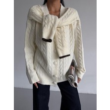 Ribana Classic Kadın Yumoş Dokulu Saç Örgü Detaylı Düğmeli Ekstra Kol Detaylı Bol Kesim Hırka - 2561