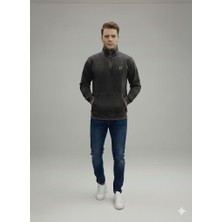 Afri Erkek Siyah Yıkamalı Efektli Yarım Fermuarlı %100 Pamuk 3 Iplik Sweatshirt