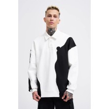 Machinist Erkek Distressed Stitch And Embroidered Polo Sweatshirt Ekru-Siyah