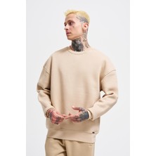 Machinist Erkek Basic Bisiklet Yaka Oversize Sweatshirt Açık Bej